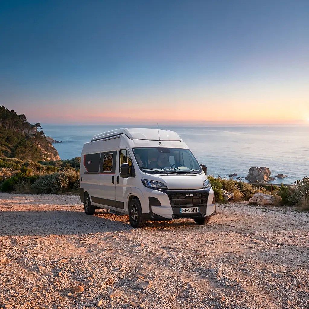 Fourgon aménagé V600G garé au bord de mer